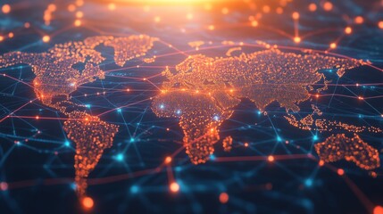 Poster - A glowing world map with interconnected dots and lines representing global networks and connectivity concept