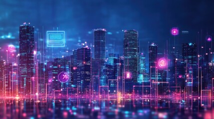 Aufkleber - A vibrant futuristic city skyline at night with neon lights and glowing structures reflecting in water below