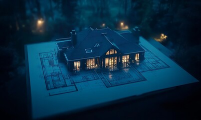 Aufkleber - A beautifully illuminated miniature mansion is displayed on a blueprint at night, surrounded by a serene forest setting.