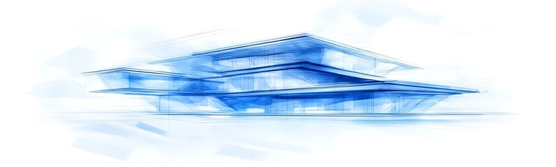 Poster - A serene blue watercolor painting depicting a layered structure over water, evoking tranquility and artistic expression.
