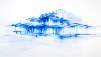 Poster - A watercolor-style illustration of a modern architectural structure, featuring blue tones and abstract lines against a minimalist background.