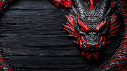 striking black and red dragon sculpture against dark wooden background, showcasing intricate details and fierce expression. This artwork embodies strength and elegance