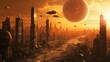 © SuperStockGallery - Futuristic Cityscape with Red Planet and Flying Ships at Sunset.