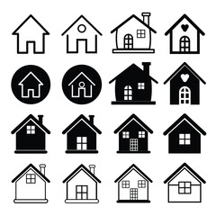 Poster - Collection home icons. House symbol. Set of real estate objects and houses black icons isolated on white background. Vector illustration.