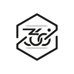 Poster - This is an emblem logo design that depicts 360 degree icon on a hexagonal shape in black color on a white background 