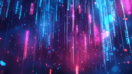 Streams of glowing blue digital code rain down in a vertical pattern, creating a mesmerizing, futuristic scene reminiscent of a cybernetic world. Glowing. Illustration