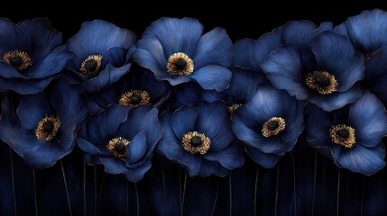 a cluster of dark blue flowers with gold accents on a black background.