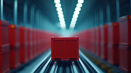 Poster - Red Container on a Conveyor in a Warehouse Environment