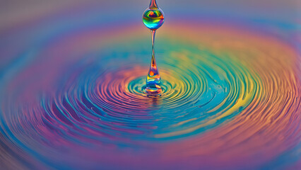 Wall Mural - A drop of holographic liquid hitting a mirrored surface creating ripples of shifting rainbow color, AI generated