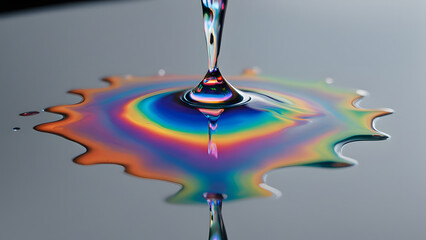 Wall Mural - A drop of holographic liquid hitting a mirrored surface creating ripples of shifting rainbow color, AI generated