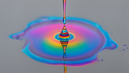 Wall Mural - A drop of holographic liquid hitting a mirrored surface creating ripples of shifting rainbow color, AI generated