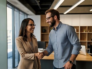 Wall Mural - in an office during the day two people are shaking hands after they started working together in business