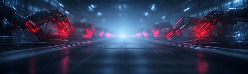 Poster - A futuristic scene featuring glowing red lights and a central bright light amidst a sleek, high-tech environment.