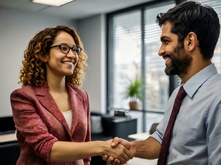 Wall Mural - in an office during the day two people are shaking hands after they started working together in business