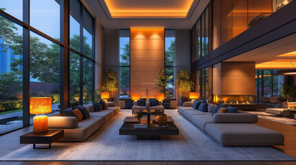 Wall Mural - Interior of living room with sofas, coffee table and glowing lamps. Design concept