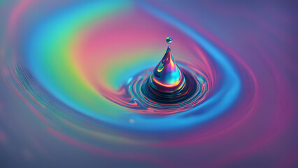 Wall Mural - A holographic liquid drop bouncing on a smooth surface creating a beautiful wave of color, AI generated