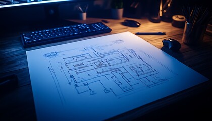 Fototapete - A technical drawing of a circuit board lays on a wooden desk, illuminated by ambient light, with a keyboard and mouse nearby.