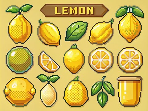 Vintage Lemon Icons Set in Pixel Art Style for Gaming Elements with Copy Space for Creative Design Use