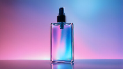 Wall Mural - A holographic liquid mist gently rising from a container shimmering with shifting blues and pinks, AI Generated