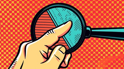 Poster - A hand pointing at a magnifying glass with a colorful pie chart inside against a red and yellow pop art background.