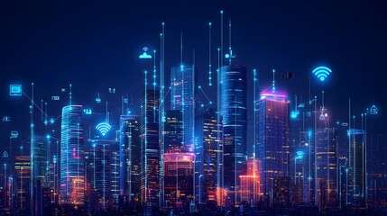 Wall Mural - a hyperconnected city or industry driven by 5G networks, with high-speed, low-latency connections enabling IoT devices to interact in real time