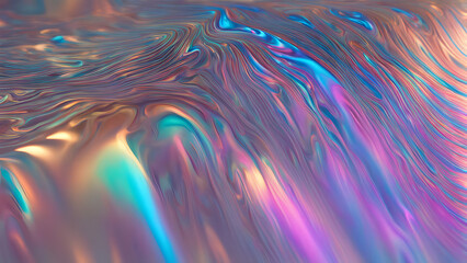 Wall Mural - A shimmering holographic liquid cascade falling over a metallic surface creating a colorful ripple, Ai Generated