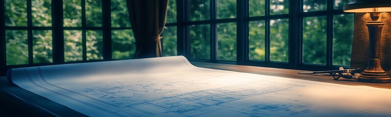 Aufkleber - A serene study space with a detailed map illuminated by a warm lamp, framed by large windows showcasing lush greenery outside.