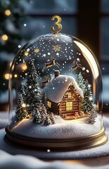 Poster - Miniature Snowy Christmas Scene in Glass Dome with Cabin and Reindeer : Generative AI