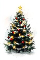 Aufkleber - Festive Christmas Tree Decorated with Ornaments in Watercolor Style : Generative AI