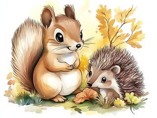 Poster - Adorable Squirrel and Hedgehog in Autumn Forest with Leaves : Generative AI