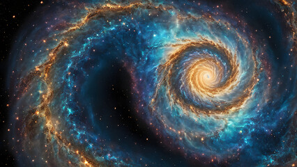 Wall Mural - Glowing holographic liquid swirling in the shape of a spiral galaxy with specks of gold and blue, Ai Generated