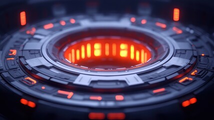 Poster - A futuristic circular device with a glowing red core, set against a dark backdrop, featuring intricate mechanical details and illuminated interfaces.
