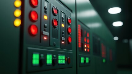 Poster - An intricate control panel featuring various illuminated buttons and switches, showcasing a blend of red and green lights in a dark environment.