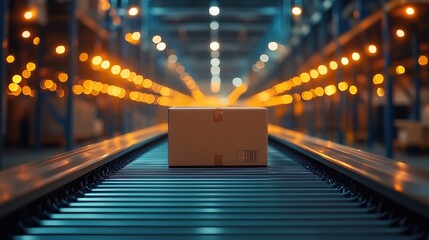 Aufkleber - Cardboard Box on Automated Conveyor System. Cardboard box on a moving conveyor belt inside a well-lit, high-tech warehouse, showcasing automated handling in logistics.