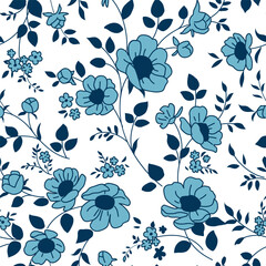 Wall Mural - Seamless pattern with abstract flowers and leaves silhouette. White background with blossoming blue flowers. Wallpaper with cute blue flower in old vintage style. Vector stock illustration.