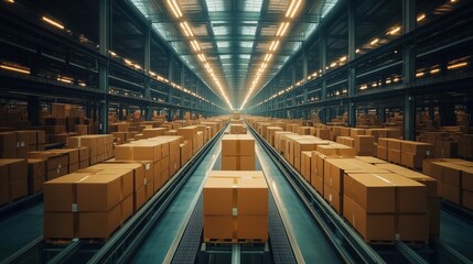 Aufkleber - Automated Warehouse with Boxed Cargo. Fully automated warehouse with rows of boxes on conveyors, showcasing industrial-scale logistics and efficient inventory management.