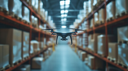 Aufkleber - Drone with Camera in Storage Facility. Camera-equipped drone flying in a warehouse, illustrating the use of technology for efficient inventory tracking and warehouse management.