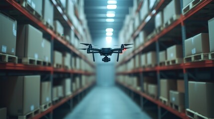 Aufkleber - Drone Scanning Inventory in Warehouse. Drone conducting inventory scanning in a large warehouse, showcasing the application of drone technology in logistics and supply chain.