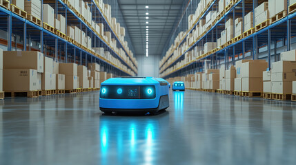 Poster - Autonomous Robots in Warehouse Aisles. Fleet of blue autonomous robots navigating a spacious warehouse filled with stacked packages, showcasing efficient logistics technology.