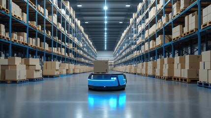 Aufkleber - Robotic AGV in Large Warehouse. Autonomous guided vehicle (AGV) moving packages in a vast, organized warehouse, representing advanced logistics and e-commerce.