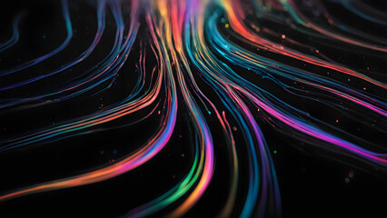 Wall Mural - Iridescent holographic liquid trails across a black surface leaving a glowing shifting trail, AI generated