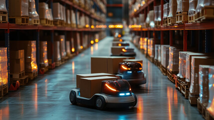 Aufkleber - AGV Robots Handling Boxes in Warehouse. Row of illuminated AGV robots transporting boxes through a warehouse, representing modern logistics and automated material handling.