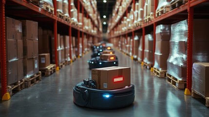 Poster - Automated AGVs Carrying Packages in Warehouse. Multiple automated guided vehicles (AGVs) moving boxes along warehouse aisles, illustrating efficient automation in logistics operations.