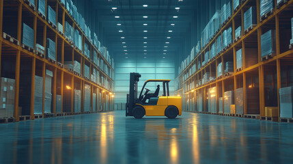 Poster - Yellow Forklift in Modern Warehouse. Yellow forklift parked in a spacious, well-organized warehouse with tall shelves filled with packages, symbolizing efficient logistics.