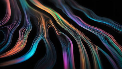 Wall Mural - Iridescent holographic liquid trails across a black surface leaving a glowing shifting trail, AI generated