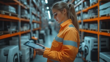 Poster - Warehouse Worker Using Tablet for Inventory. Warehouse worker in a safety vest using a tablet to manage inventory in a large industrial warehouse, symbolizing logistics and technology.