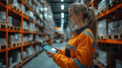 Poster - Warehouse Worker Using Tablet for Inventory Management. Warehouse worker in an orange uniform using a tablet to check inventory in a large warehouse, symbolizing modern logistics.