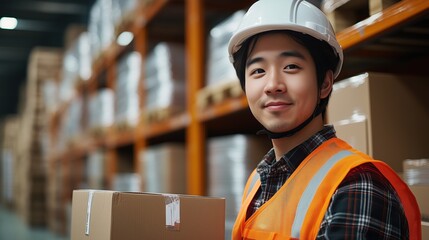 Poster - Warehouse Worker in Orange Vest Holding Box. Warehouse worker wearing an orange vest holds a box, highlighting the logistics and e-commerce industry's focus on efficient handling.