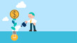 © iamupumai - make profit from creativity or innovation, earn money thinking, startup or fund raising concept, smart business watering on growing money coin seedling plant from lightbulb idea.