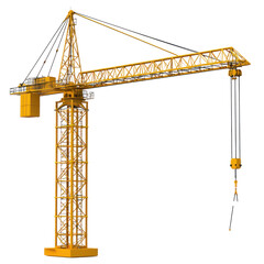 Yellow construction crane tower 3D render side view isolate on transparent background